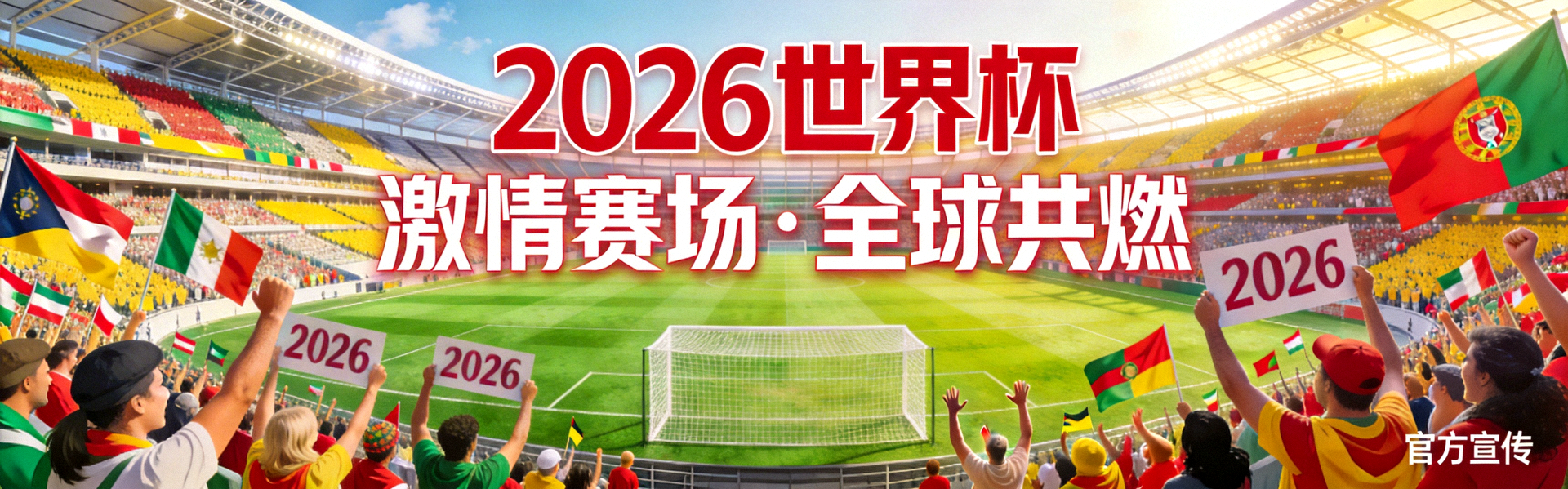 2026世界杯官方宣传横幅，展示球场与球迷热烈氛围