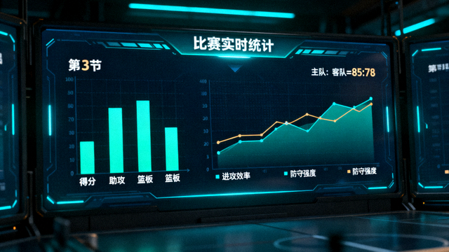 体育数据分析屏幕上展示比赛统计与趋势图表