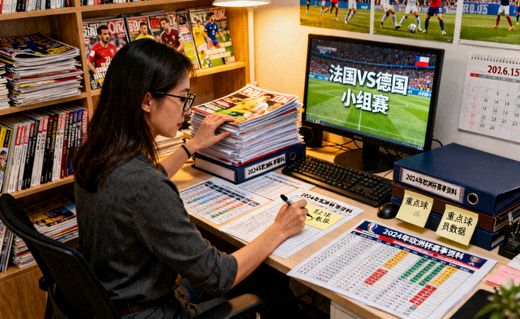 体育新闻编辑室内赛事资料整理的工作场景