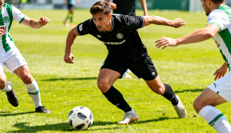足球比赛中球员带球突破对方防守的比赛画面